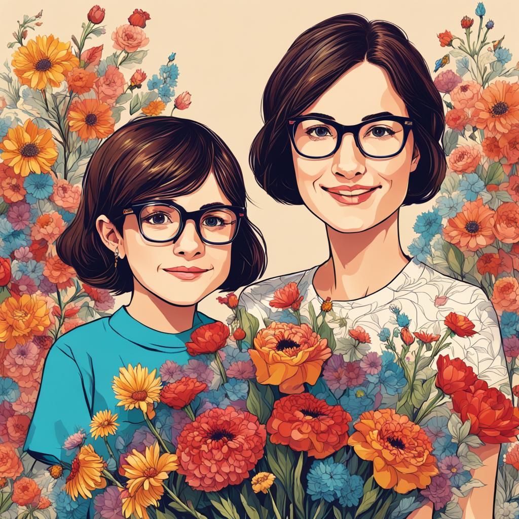 Mother and Daughter with Flowers for Mother's Day