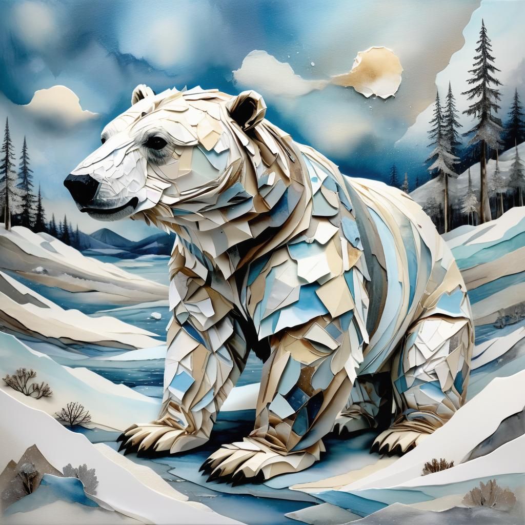 intricately and highly detailed 3 dimensional papery polar bear made of torn paper pieces in a snowy landscape; the sun...