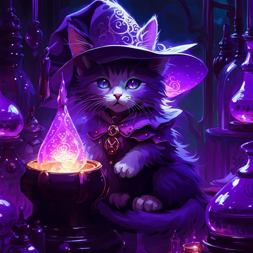 Kitten Witch Alchemist in Bioluminescent Laboratory