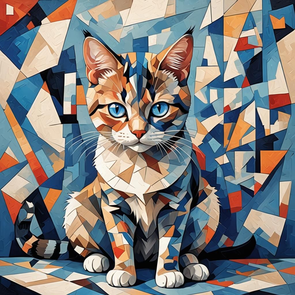 Blue-Eyed Cat Paints Cubist Ninja Cat Art