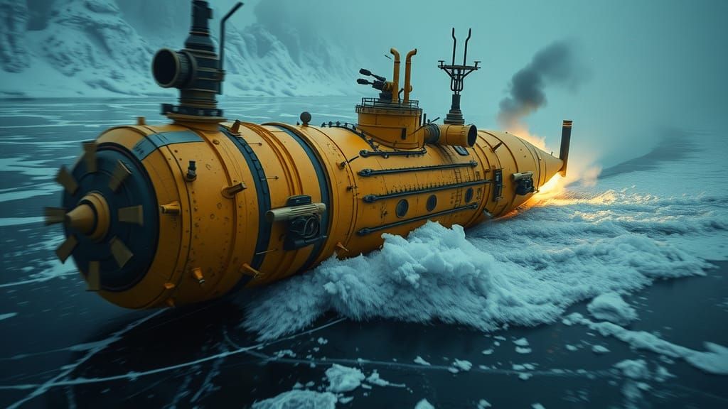 Steampunk Submarine on Frozen River, Cinematic Scene