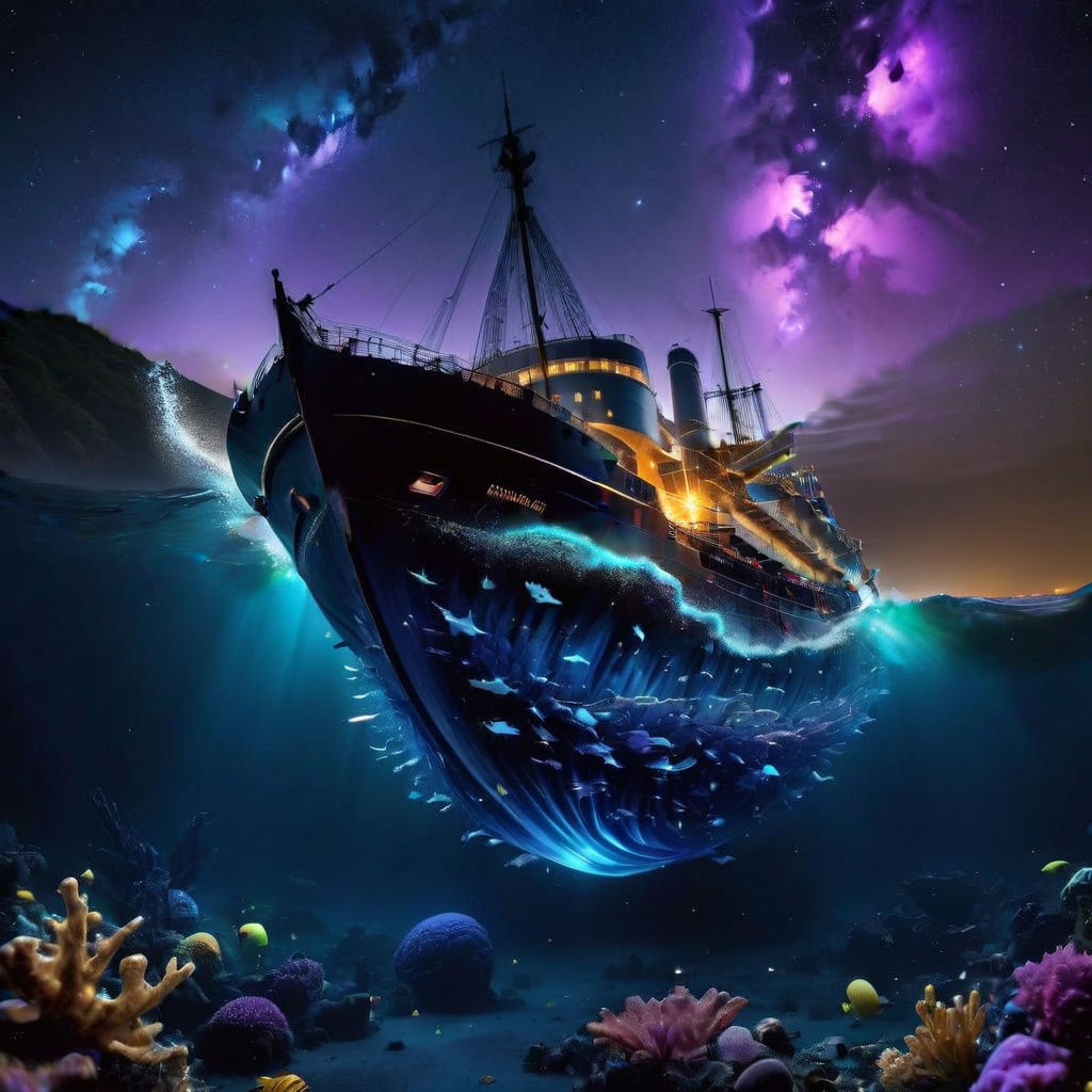 Surreal Ghost Ship Rises through the Ocean at Night