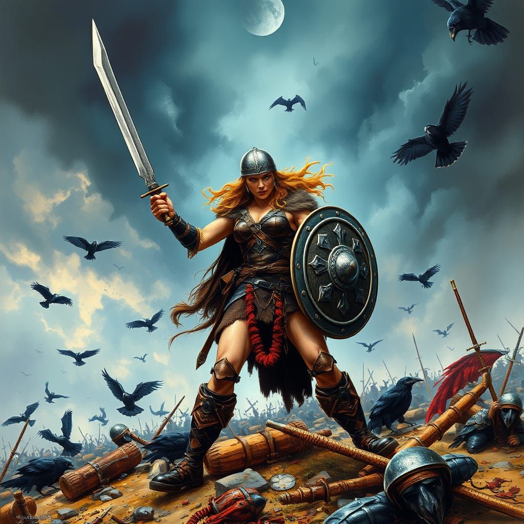 Fierce Viking Warrior Woman Stands Amidst Battle Ruins