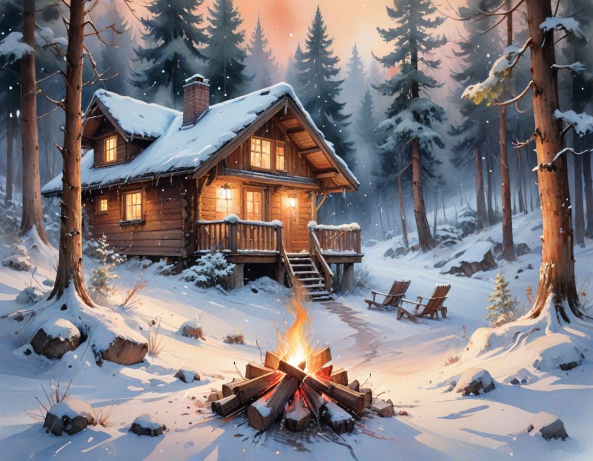 Winter Chalet Holiday Card Illustration as Watercolour