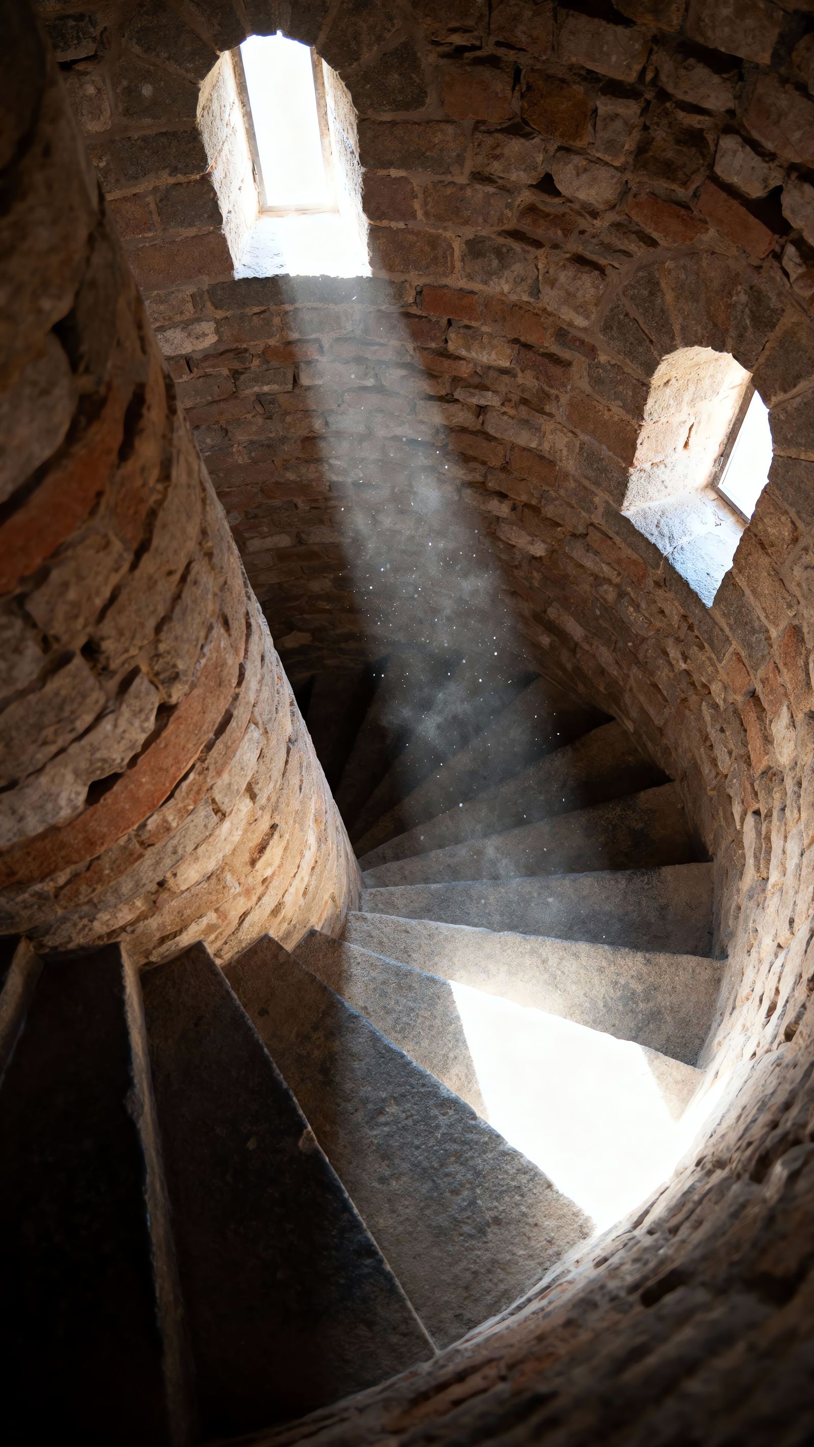 Ascending Ancient Stone Tower Staircase in Cinematic Light