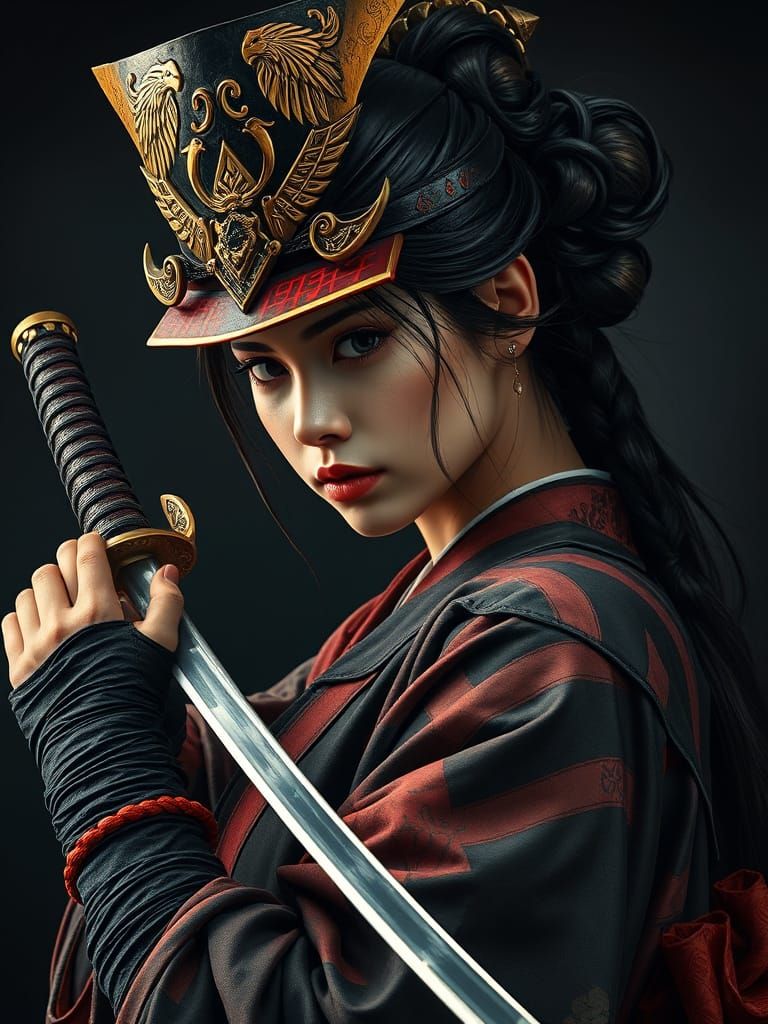 Hyperrealistic Samurai Woman in Dramatic Profile with Katana