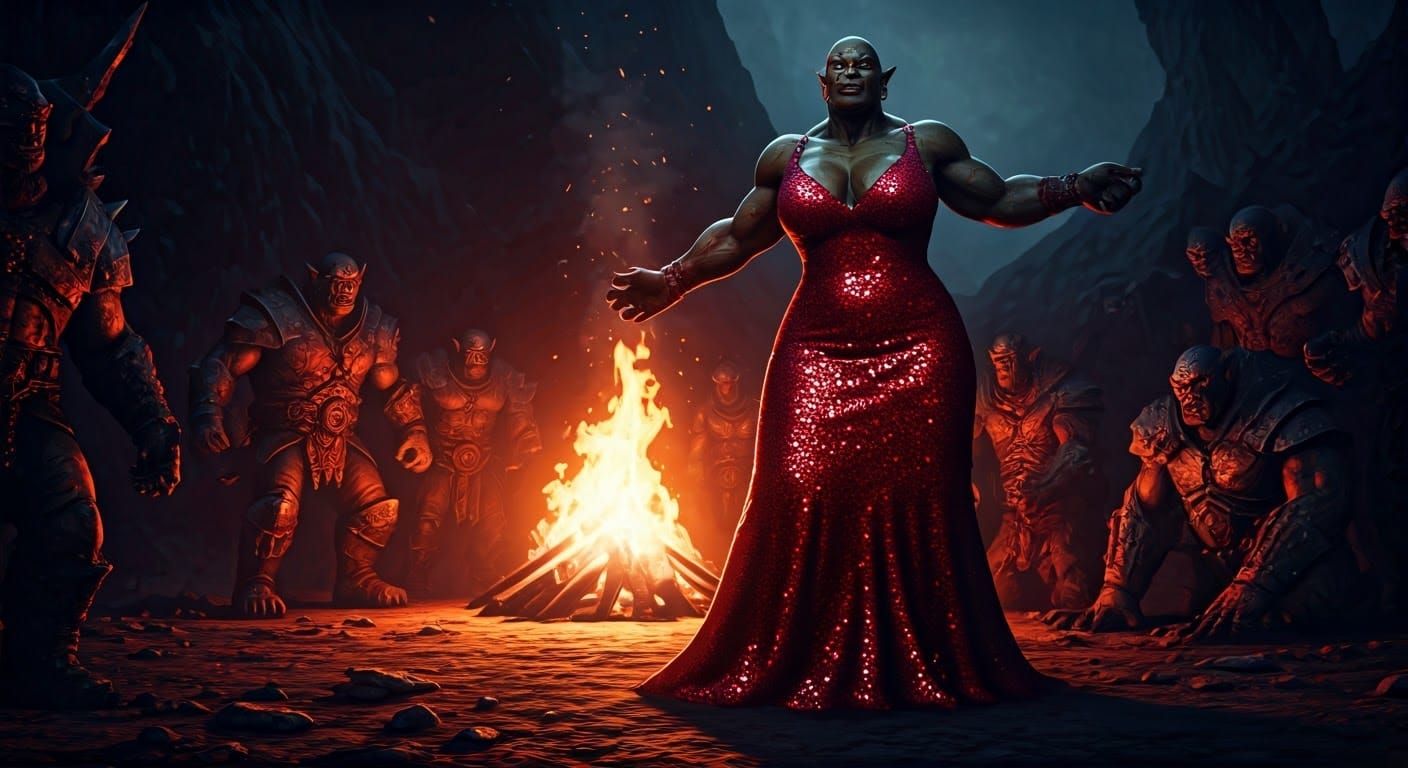 Cyberpunk Orc in Crimson Evening Gown