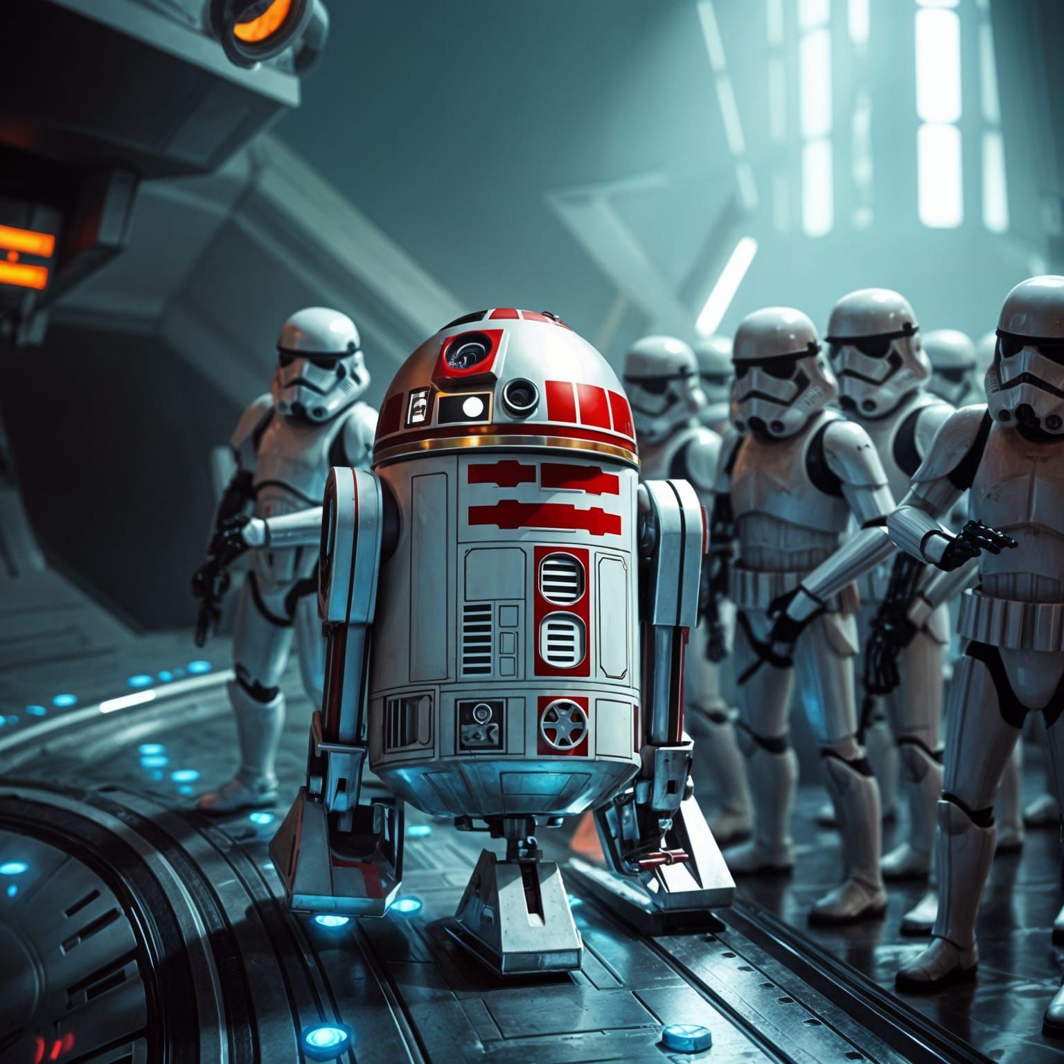 Rouge and Gold D2R2 Robot on a Corridor with Stormtroopers a...