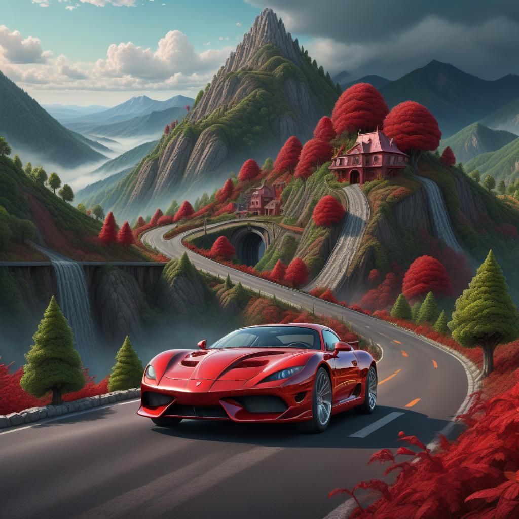 Fast red car in the mountains