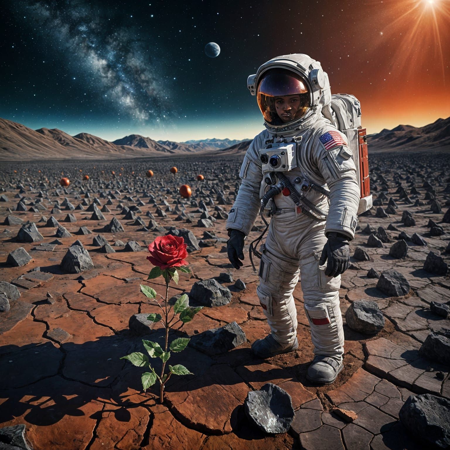 Astronaut and Rose on Alien Planet: Surreal Photo