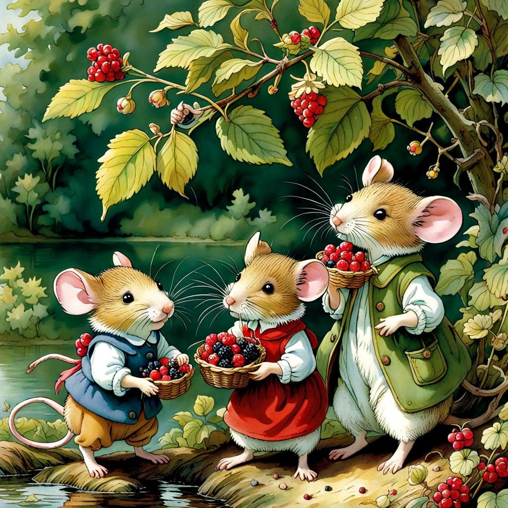 Mice Collect Berries by Lake: Children's Book Illustration