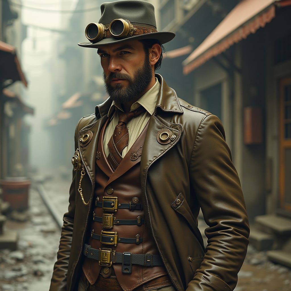 Elegant Steampunk Gentleman in Futuristic Industrial Setting