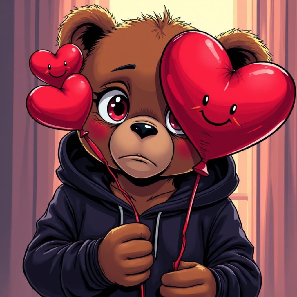 Heartbroken Teddy Bear with Broken Heart Balloon in Comic St...