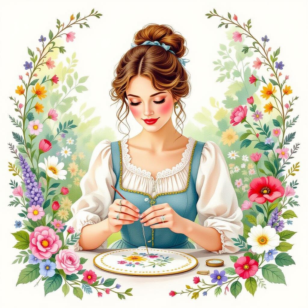 Whimsical Woman Embroidering in Aquarela Style