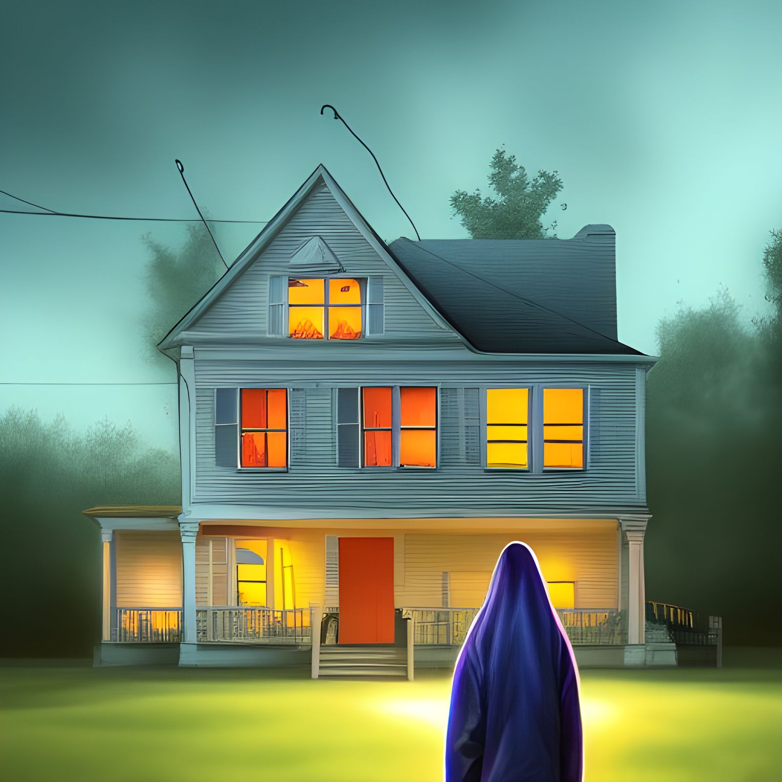 Ethereal Ghostly Apparition in Suburbia: Horror Illustration