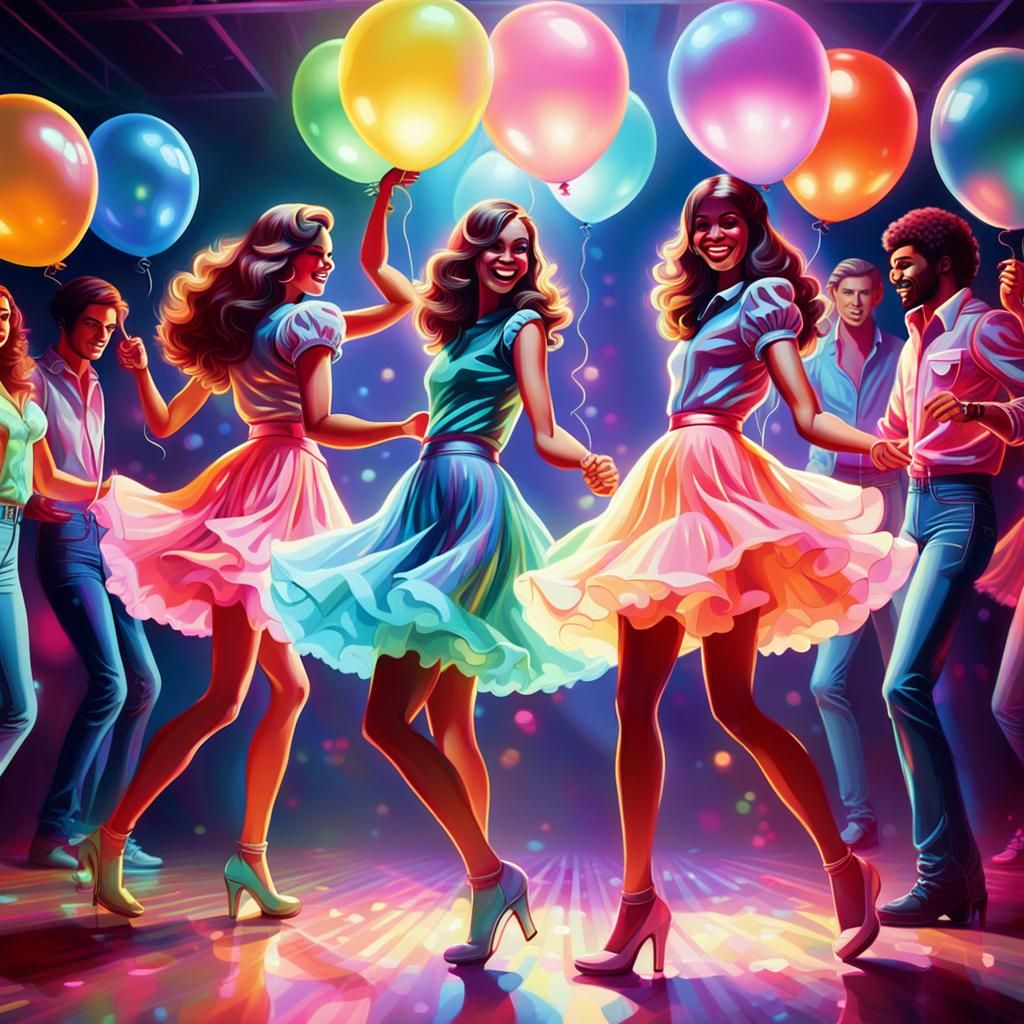 Teenagers Dancing at Retro Disco Party in Oil Painting Style
