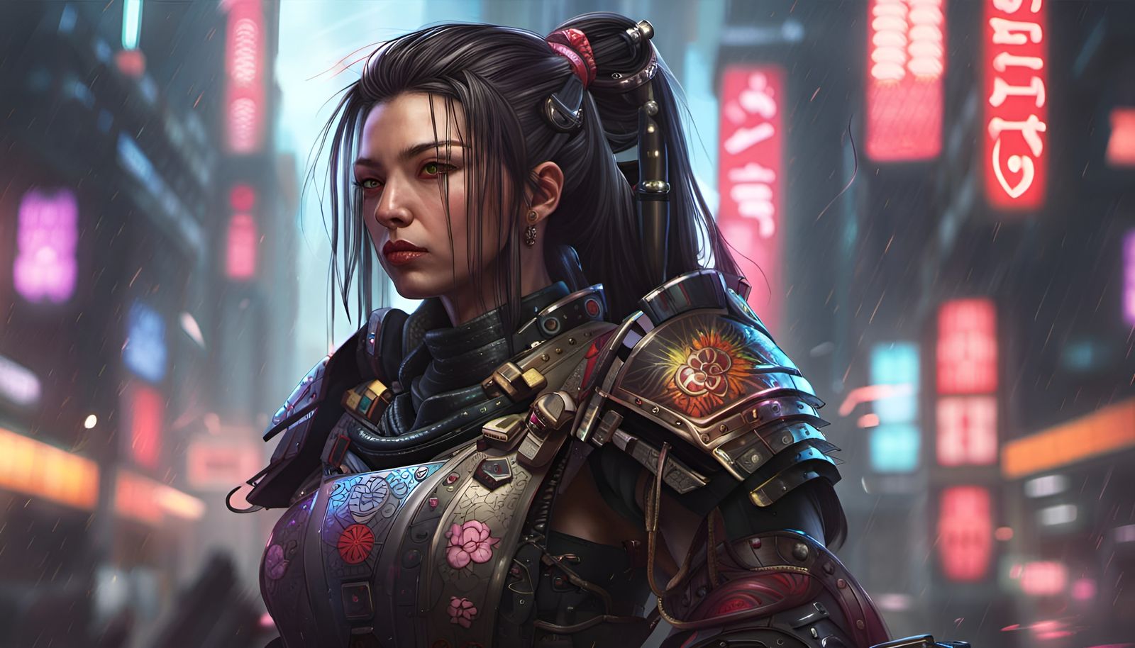 Cyberpunk Samurai Woman in Futuristic Armor