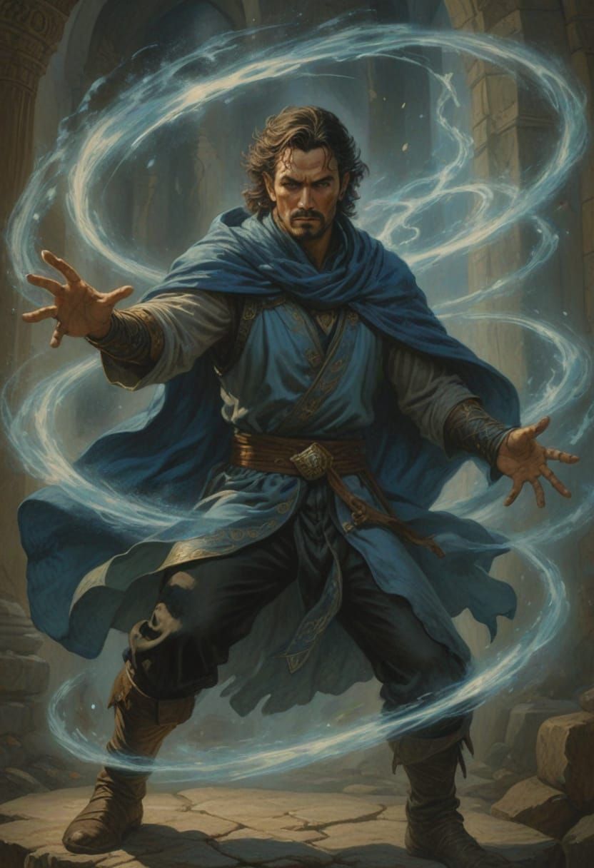 Renaissance Mage Casting Airbending Spell