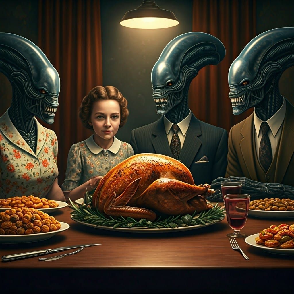 Alien Family Thanksgiving Dinner in Rockwell Style