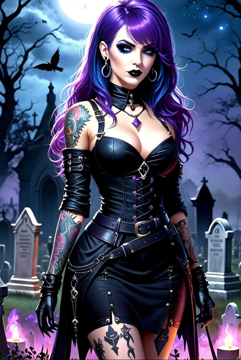 Female Necromancer in Graveyard Digital Illustration