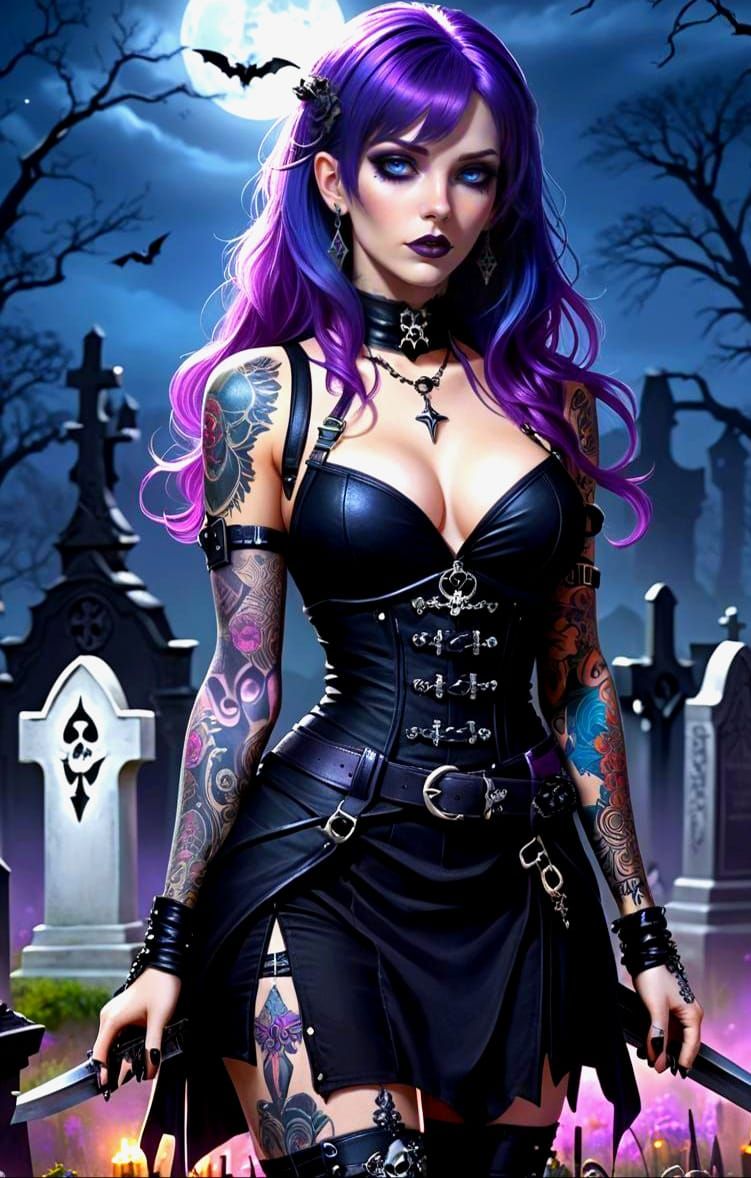 Female Necromancer in Graveyard: Digital Illustration