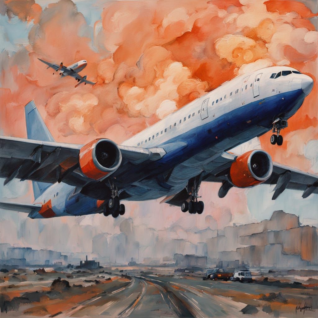 Moody Airport Scene with Silhouette of Young Man and Departi...