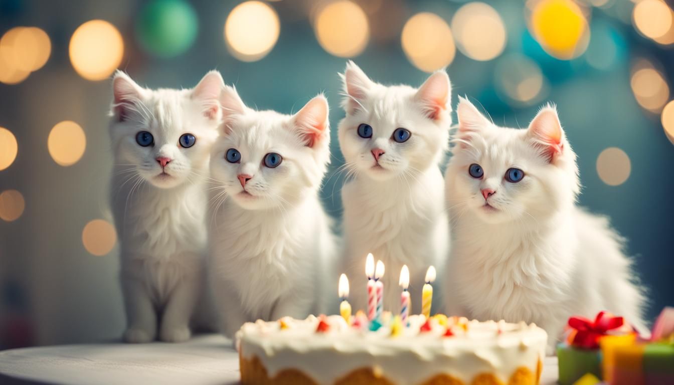 Three Cute White Cats at Birthday Party