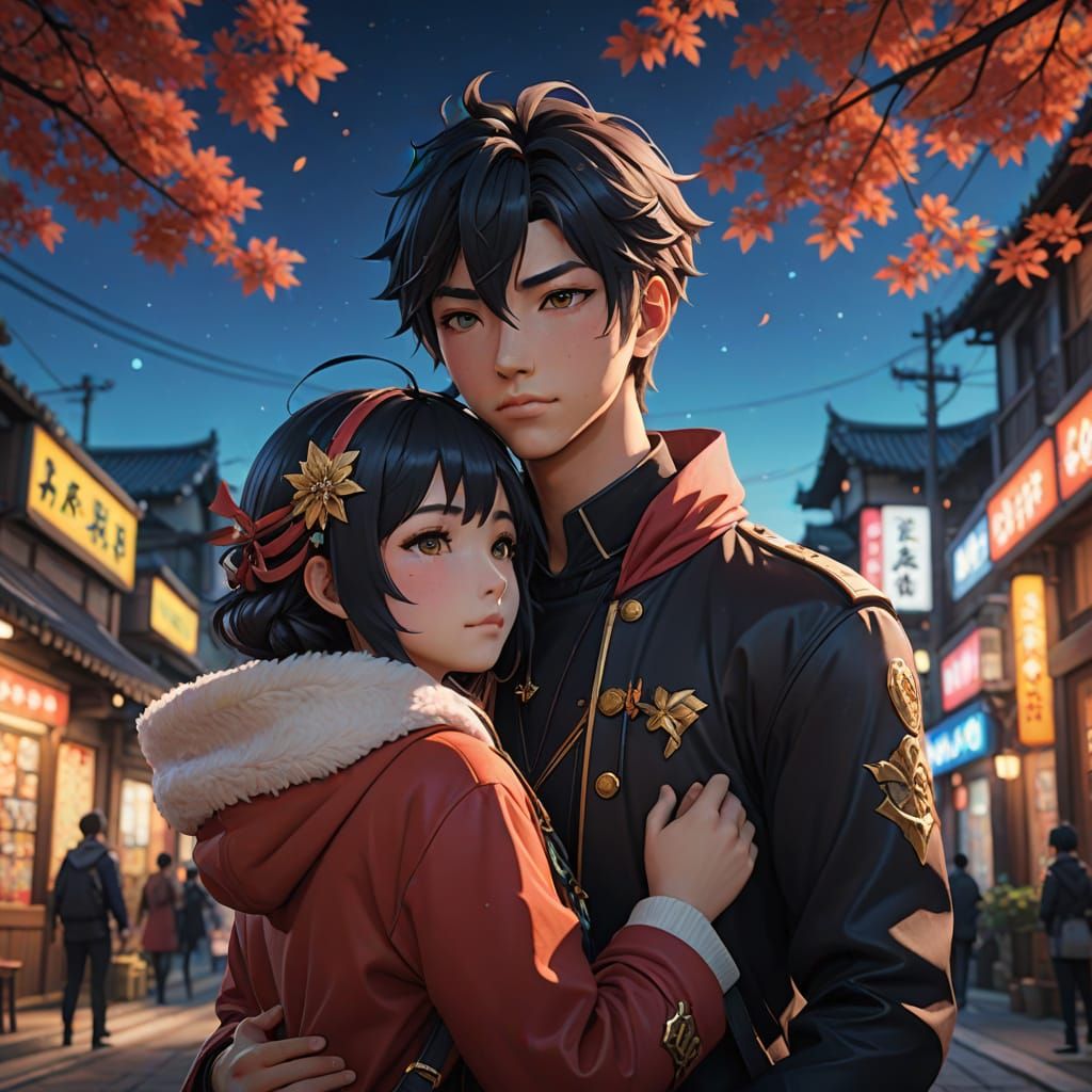 Couple Embracing in Vibrant Anime Style