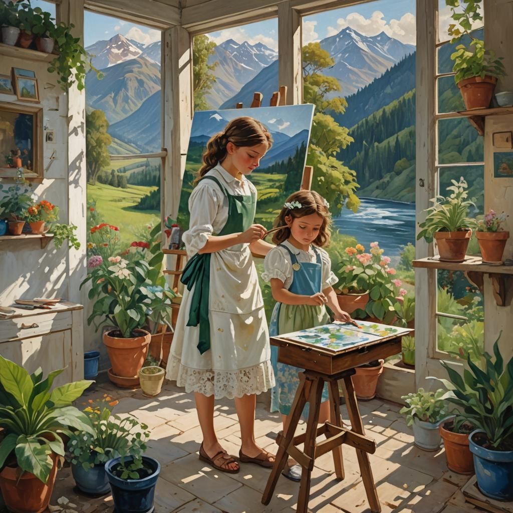 Girl Painting in Bohemian Art Room, Oil Painting