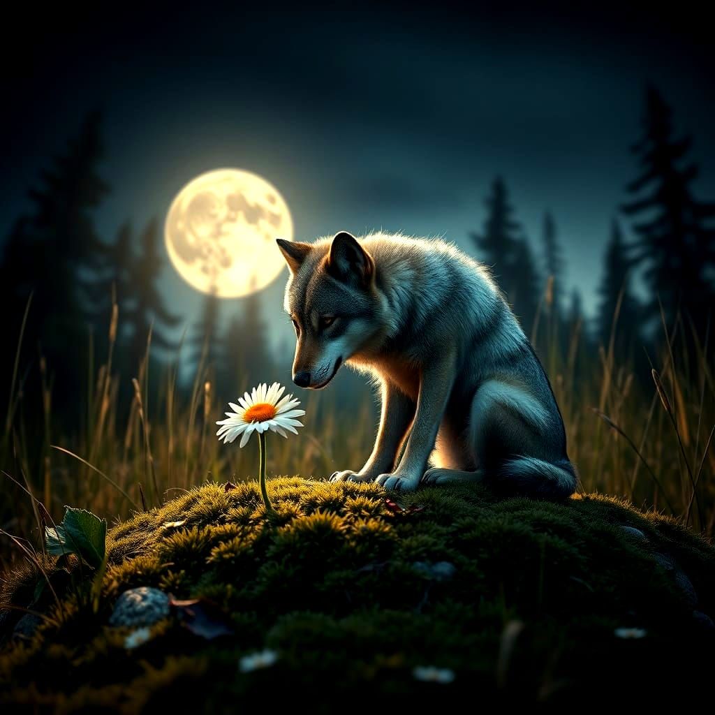 Tiny Wolf Snuffles Daisy Under Full Moon