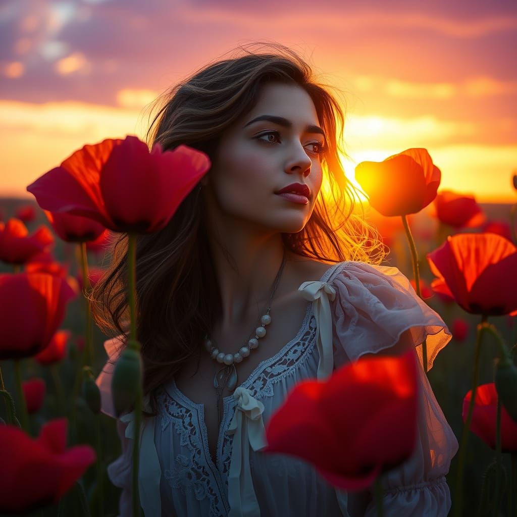 hyper-realism, triple exposure, translucent flame red poppy,...