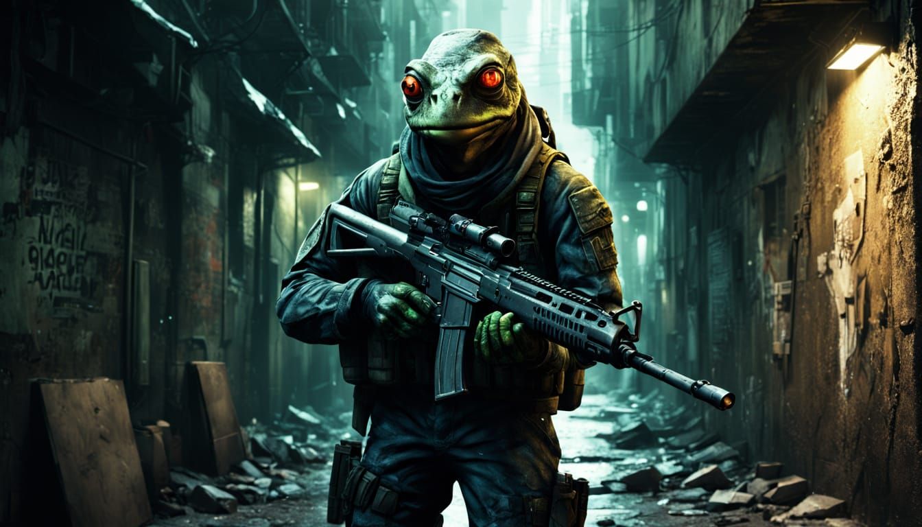 Sci-Fi Frog Alien in Dirty Alleyway Concept Art