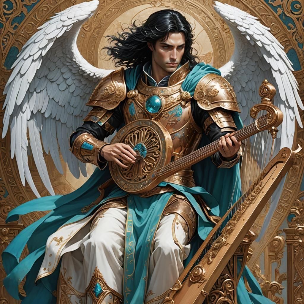 Archangel Sandalphon Playing Harp with Copper Armor