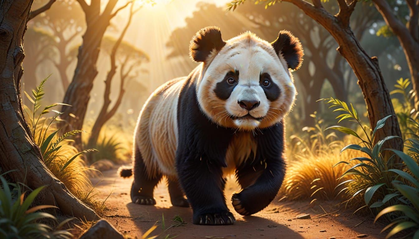 Whimsical Panda Lion Hybrid Roams the African Savannah