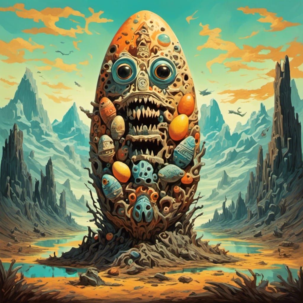 <lora:Sacred Roar:1.0> Chromatic Surrealism, a scary totem pole hatching from an egg in a surreal landscape, Luminous Fr...