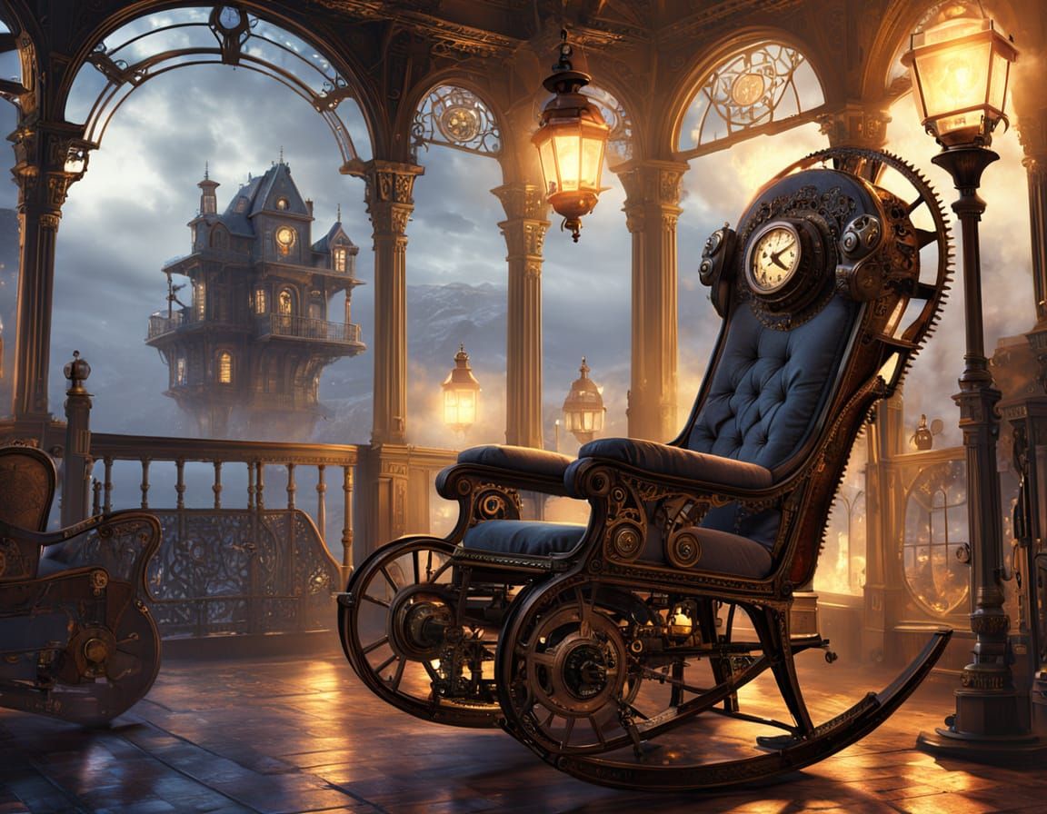 Steampunk Rocking Chair on Victorian Porch