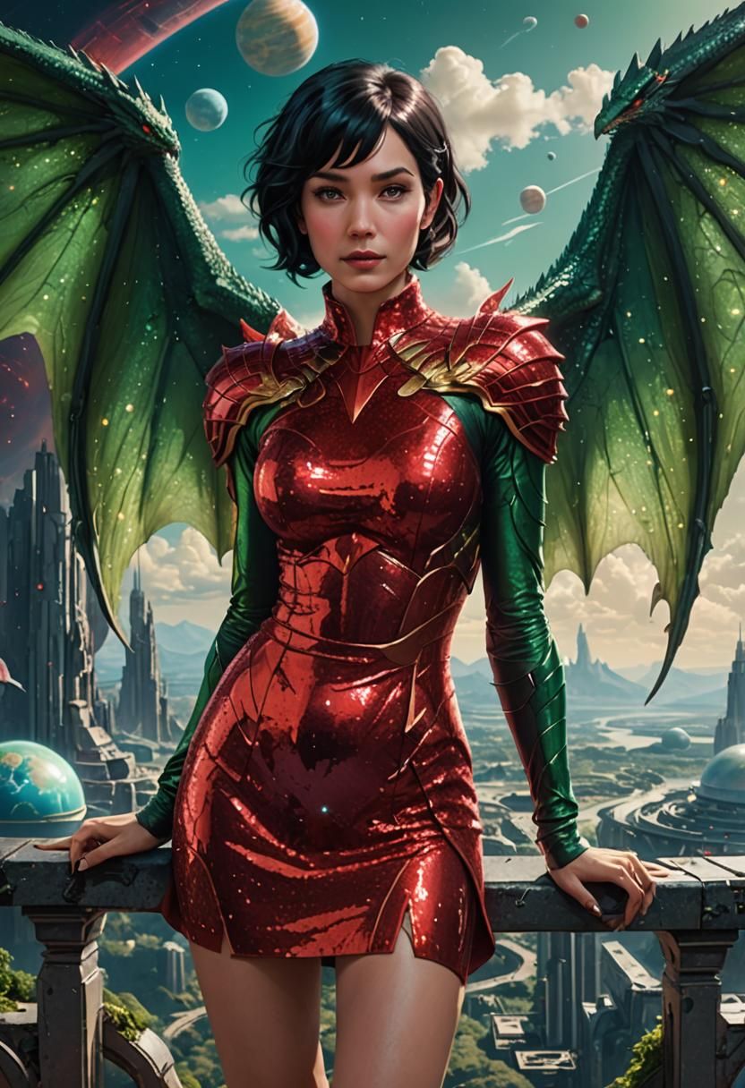 Woman with Dragon Wings on Spaceship Balcony