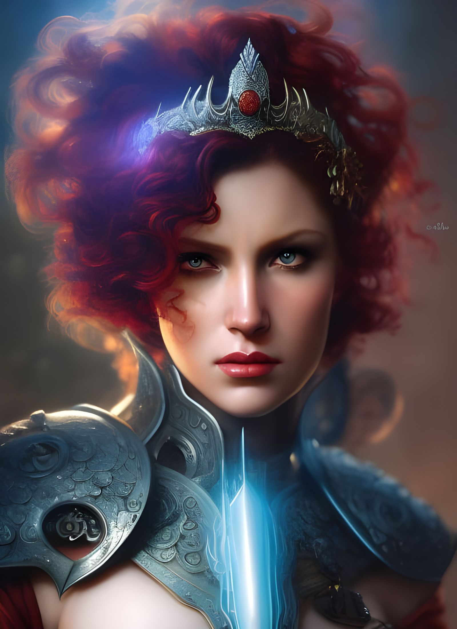 Red-Haired Goddess with Dagger: Hyperrealistic Portrait