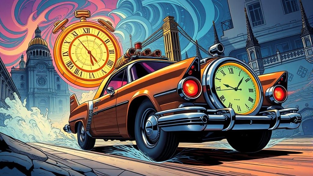 Retro-Futuristic Time Travel Car in Comic Book Art