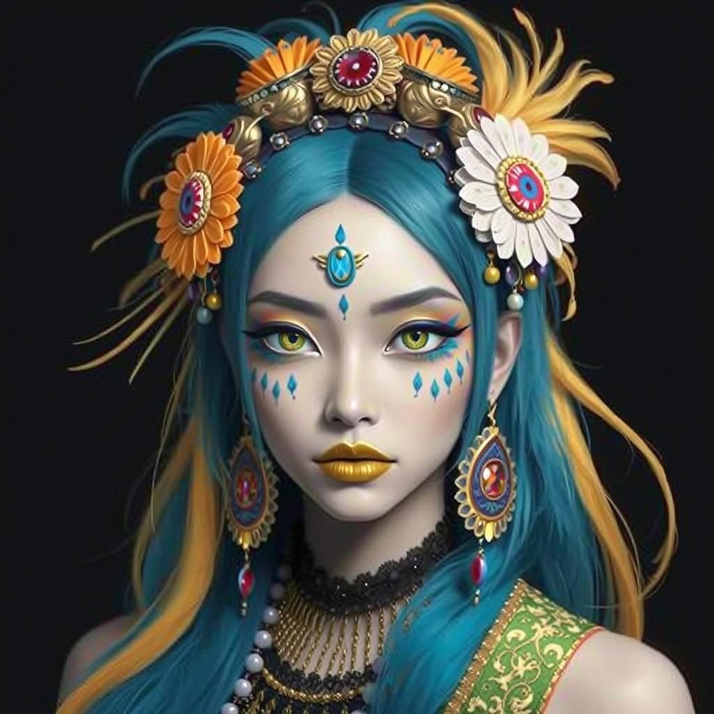 Regal Woman with Golden Skin and Peacock Feathers