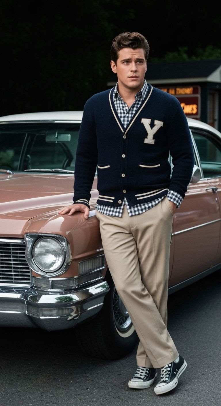 1950s Man in Varsity Cardigan at Drive-In Movie