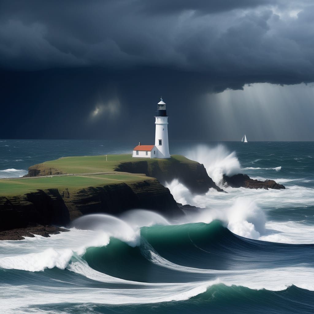 Lighthouse Against Storm in Dramatic Painterly Style