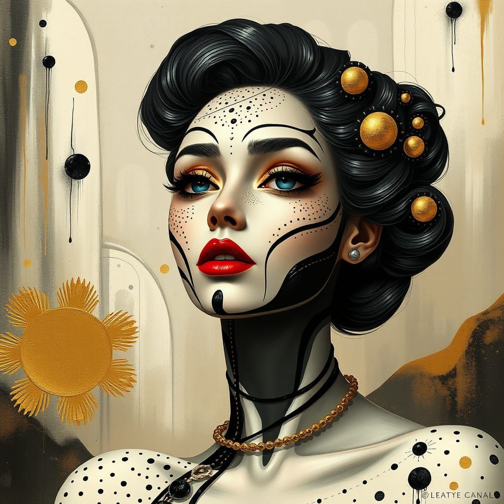 Surreal Woman with Gold Body Painting in Dreamlike Scene