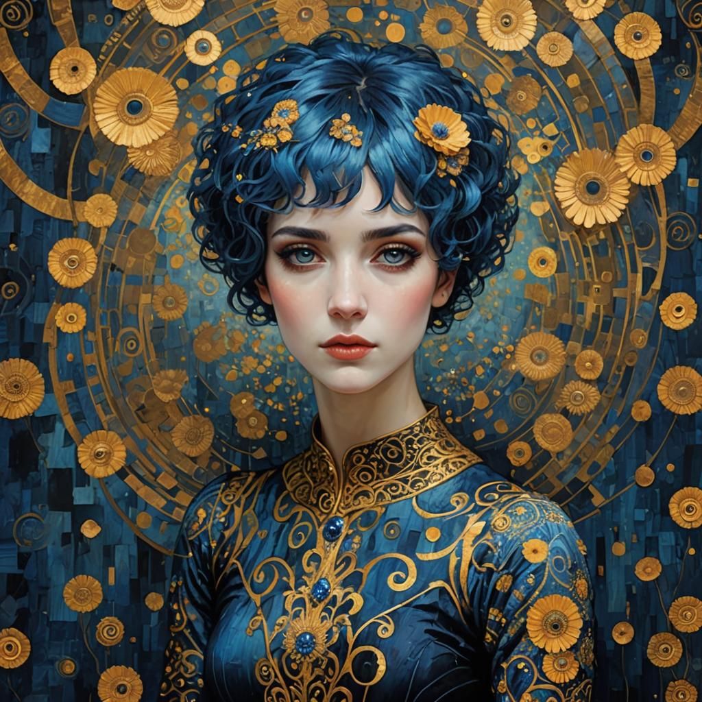 Blue-Haired Girl Portrait in Klimt Style