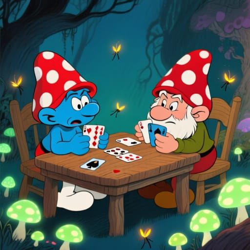 Smurf and Gnome Play Cards in Enchanted Forest