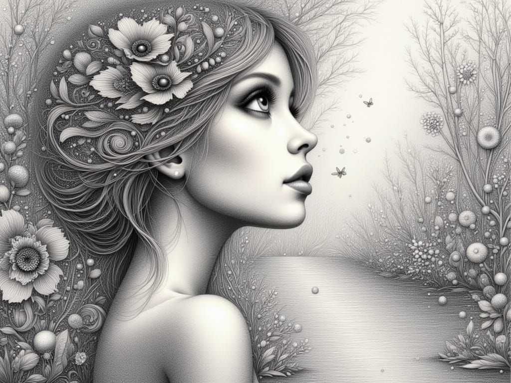 Surreal Woman with Botanical Elements, Pencil Sketch