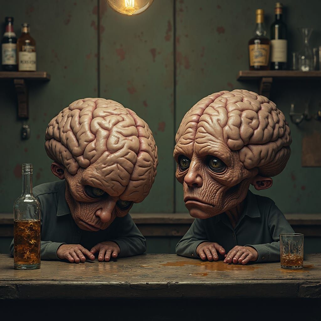 Two Minds in Despair: A Dark Surreal Dive Bar Scene