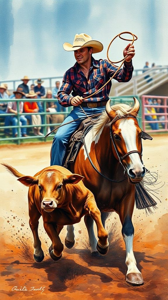 Rough Watercolor Portrait of a Cowboy Chasing a Calf