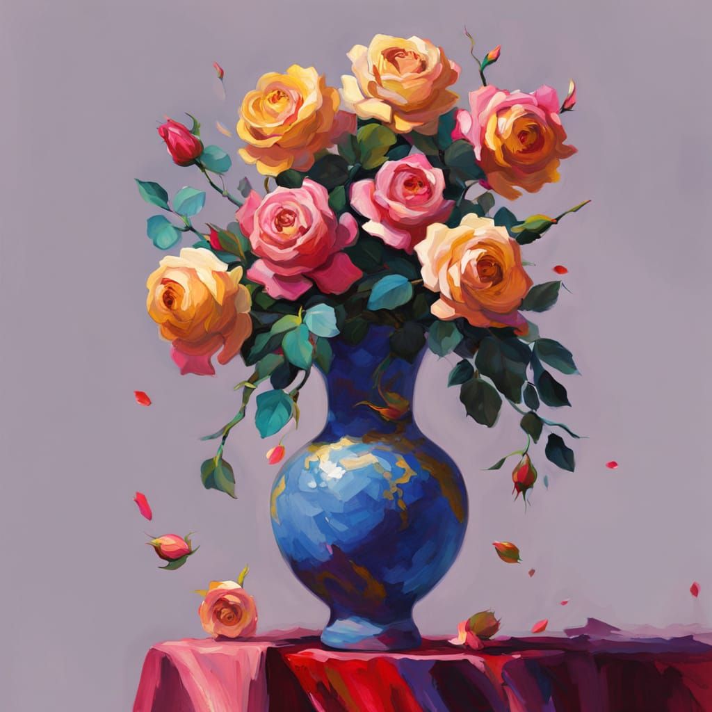 Gouache Ikebana Rose Painting With Golden Hour Light