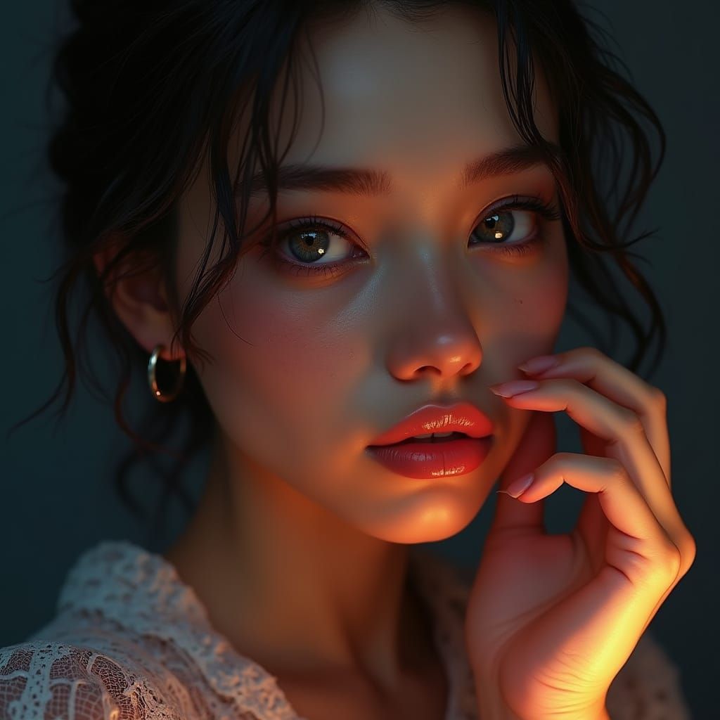 Hyper-Realistic Portrait of an Enchanting Woman in Soft, Dra...